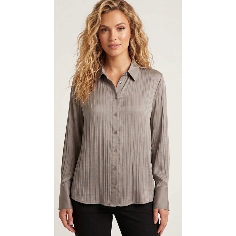 DKNY Gray Pleated Long Sleeve Button Down Blouse Shirt Size XL NEW